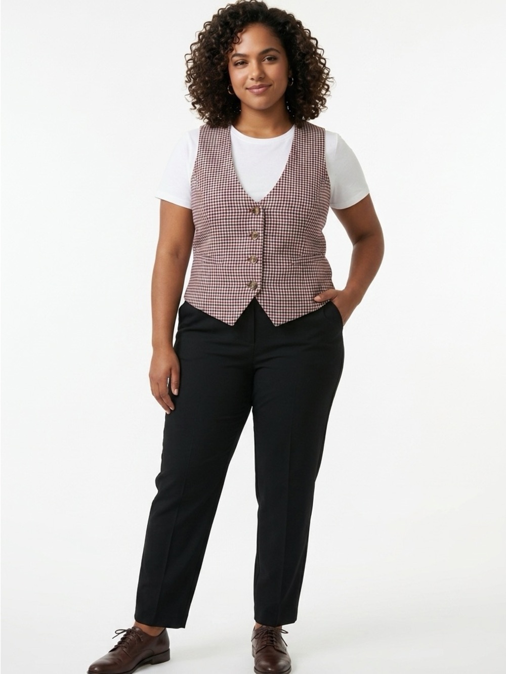 Checked Button-Front Vest in Mauve and White XL 320